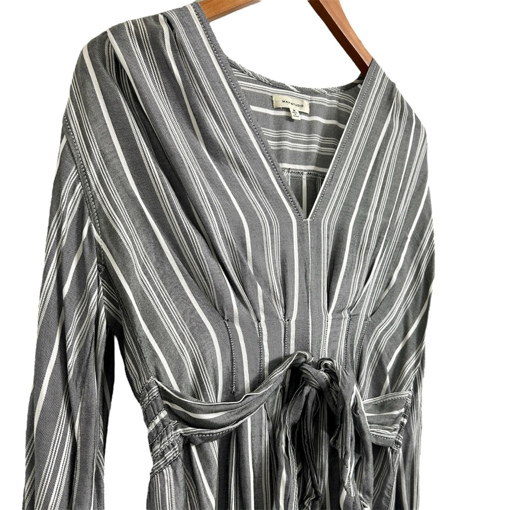 Max Studio Grey Striped Shirt Peplum Blouse, Tie Waist 3/4 Sleeve V-Neck, Medium